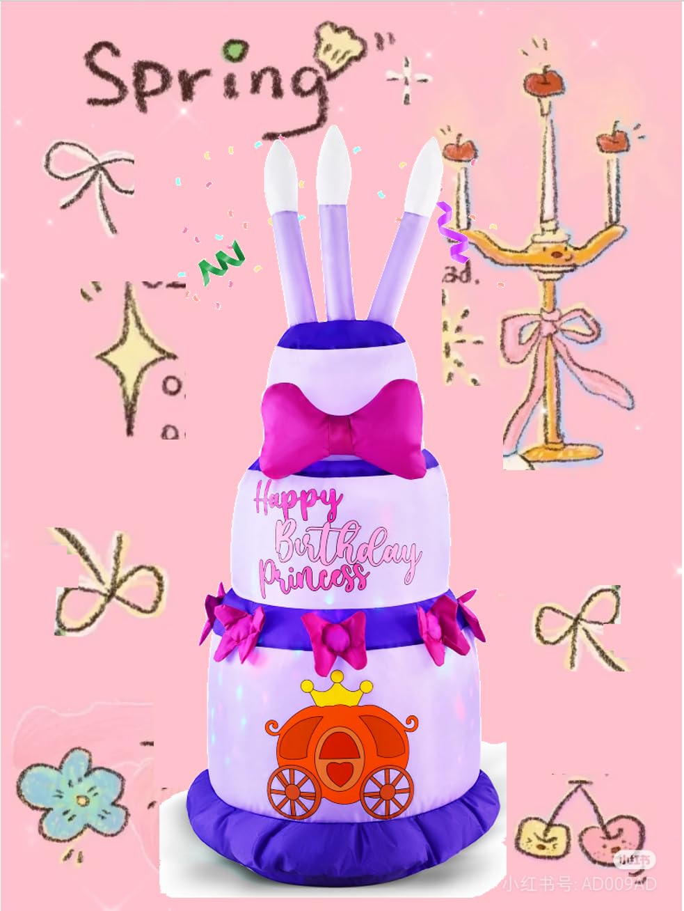 GIFTFIND 4.5Ft Inflatable Birthday Cake with Rotating Fairy Lights, Outdoor Birthday Party Decoration Cake with Candles, Holiday Blow Up Celebration Decor for Indoor Outdoor Yard Lawn, Pink Princess