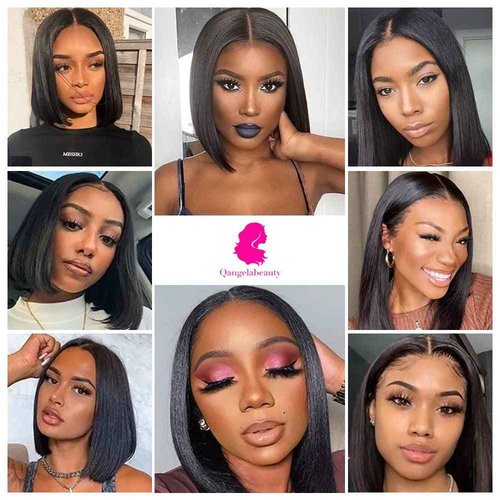 Qangelabeauty 14 inch Short Bob Wigs 13x4 Frontal Bob Transparent Lace Front Wigs Human Hair Pre Plucked Brazilian Virgin Hair Wigs for Black Women Natural Black