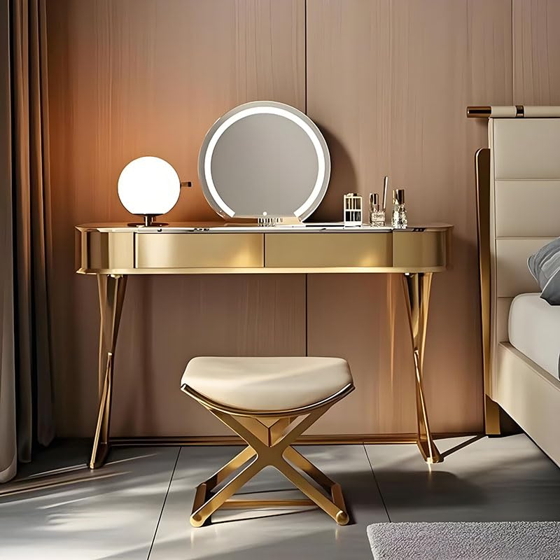 CHSSIH Vanity Stool Chair for Makeup - Small Backless Leather Stool for Vanity - Modern Ottoman Bench Seat with Metal X Legs, Footstool for Bathroom & Living Room - Gold