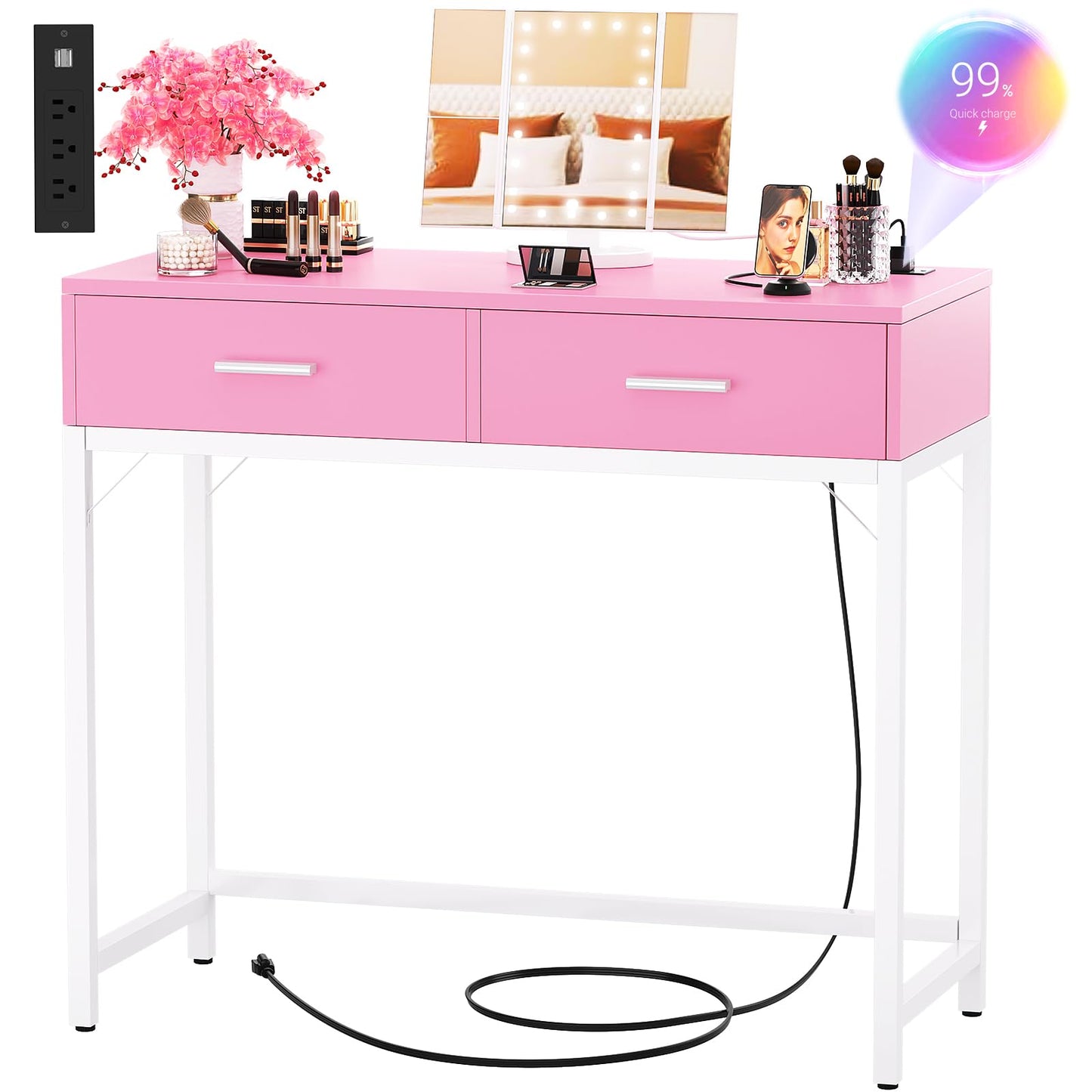 Cyclysio Vanity Desk with Mirror and Lights, 36'' Makeup Vanity Desk with Power Outlet, Small Vanities Set Dressing Table with Drawers for Bedroom, Pink