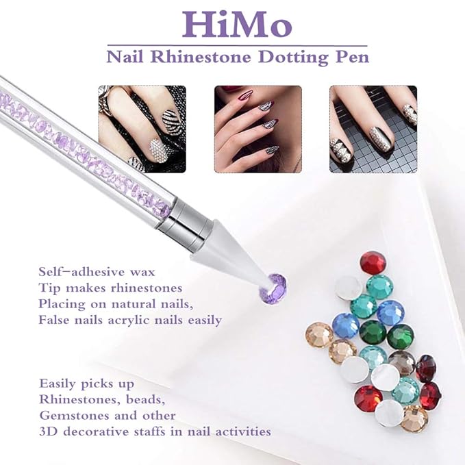 Nail Rhinestone Picker Dotting Tool with Extra 2 Wax Head, Dual-ended DIY Nail Art Tool With Pink Acrylic Handle (WHITE)