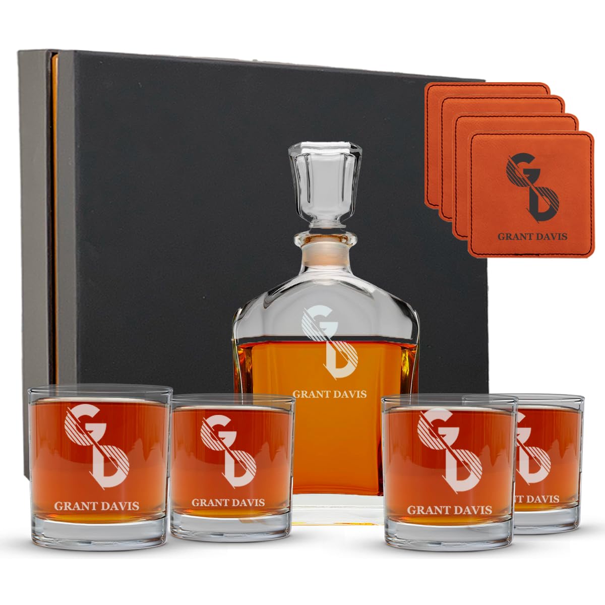 Personalized Whiskey Decanter Set for Men - 9 Design Options - Engraved Liquor Decanter Sets with Scotch Glasses - Gift Set for Him, Dad - Premium Set Includes Whiskey Stones - by Froolu Monogram