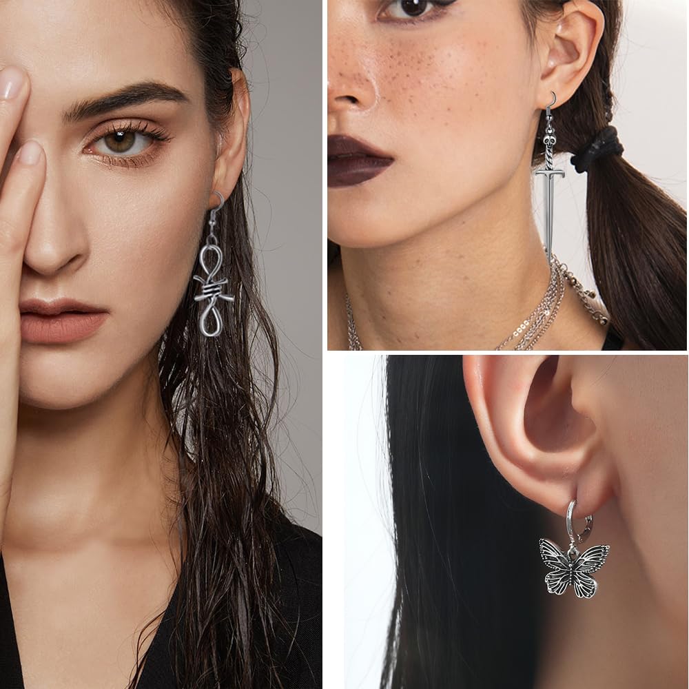 Gothic Earrings Set, Metal Punk Goth Vintage Silver Snake Spider Butterfly Dagger Dangle Drop Earrings for Women, Grunge Y2K Emo Jewelry Pack Party Costume Accessories (Style1)