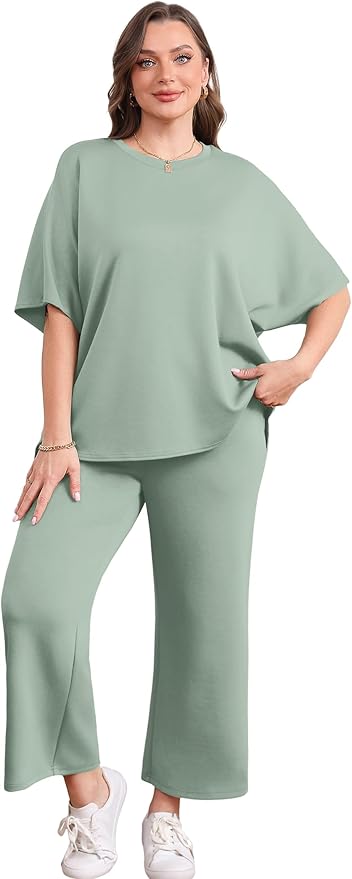 Sampeel Two Piece Sets for Women Summer Outfits Oversized Wide Leg Crop Pants Lounge Sets Airport Beach Vacation Clothes