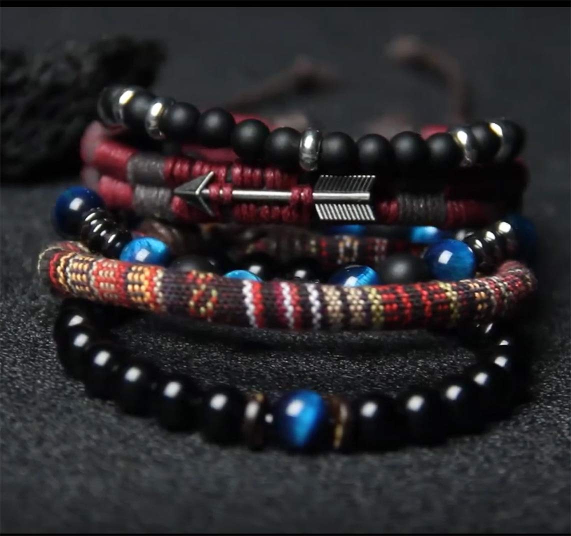 WAINIS Braided Leather Bracelets for Men Women Wrap Tiger Eye Lava Rock Beads Bracelet Woven Ethnic Tribal Rope Wristbands Brace