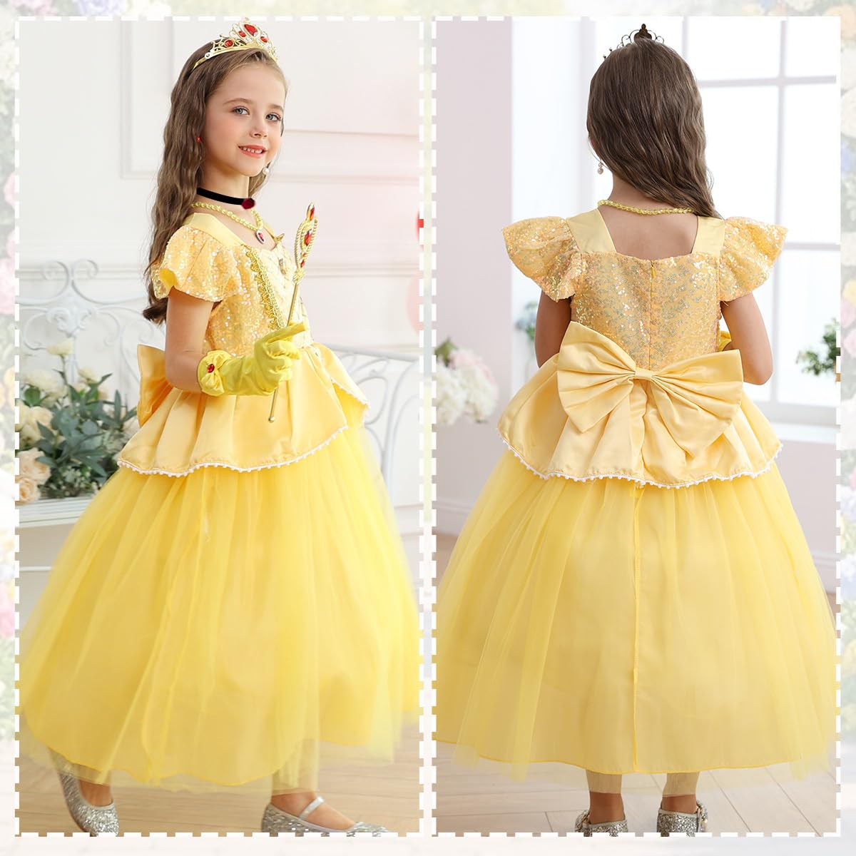 Luzlen Belle Costume for Girls Yellow Princess Dress up Halloween Birthday Party Cosplay Outfits with Accessories Yellow, 4-5T(Tag 120)