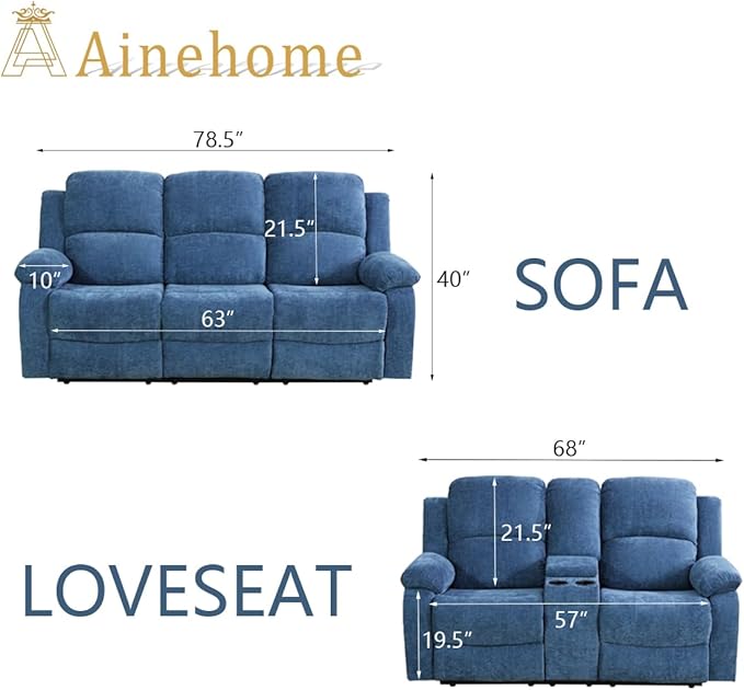 A Ainehome Recliner Sofa Set Living Room Furniture Set Manual Reclining Sofa Loveseat Chair Sectional Couch for Living Room/Home (A-Blue Microfiber, Sofa+Loveseat)