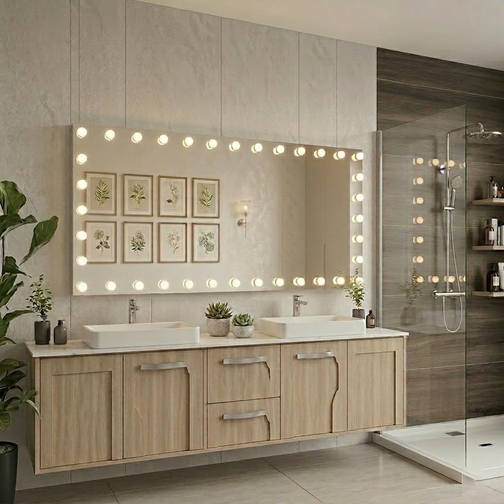 WTTY 72"x36" Hollywood Vanity Mirror with Lights, Wall-Mounted Makeup Mirror with 3 Color Temperatures, Stepless Dimmable Bulbs, Anti-Fog & Shatter-Proof