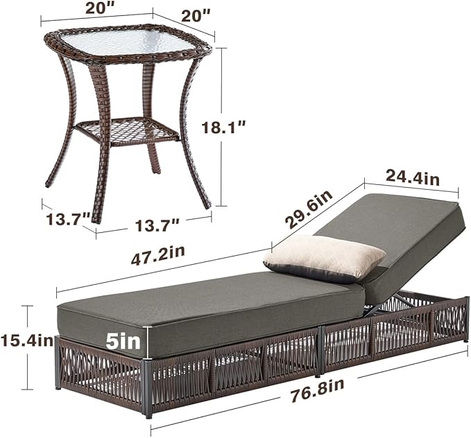 ACTREST Luxury Outdoor Chaise Lounge Chairs of 4 with 5 Inch Thick Cushions and Side Table - 6 PCS High Back Brown Wicker Rattan Patio Recliners Lounger Furniture Set for Poolside Sunbathing - Grey