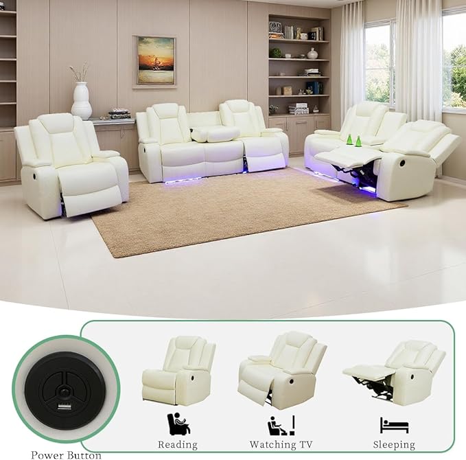 Dekmxas Modern Power Sectional Recliner Sofa with LED Light, Living Room Furniture Sets, Power Reclining Sofa Set with 5 Recliner Seats/Cup Holders & Storage Console for Home Theater/Living Room