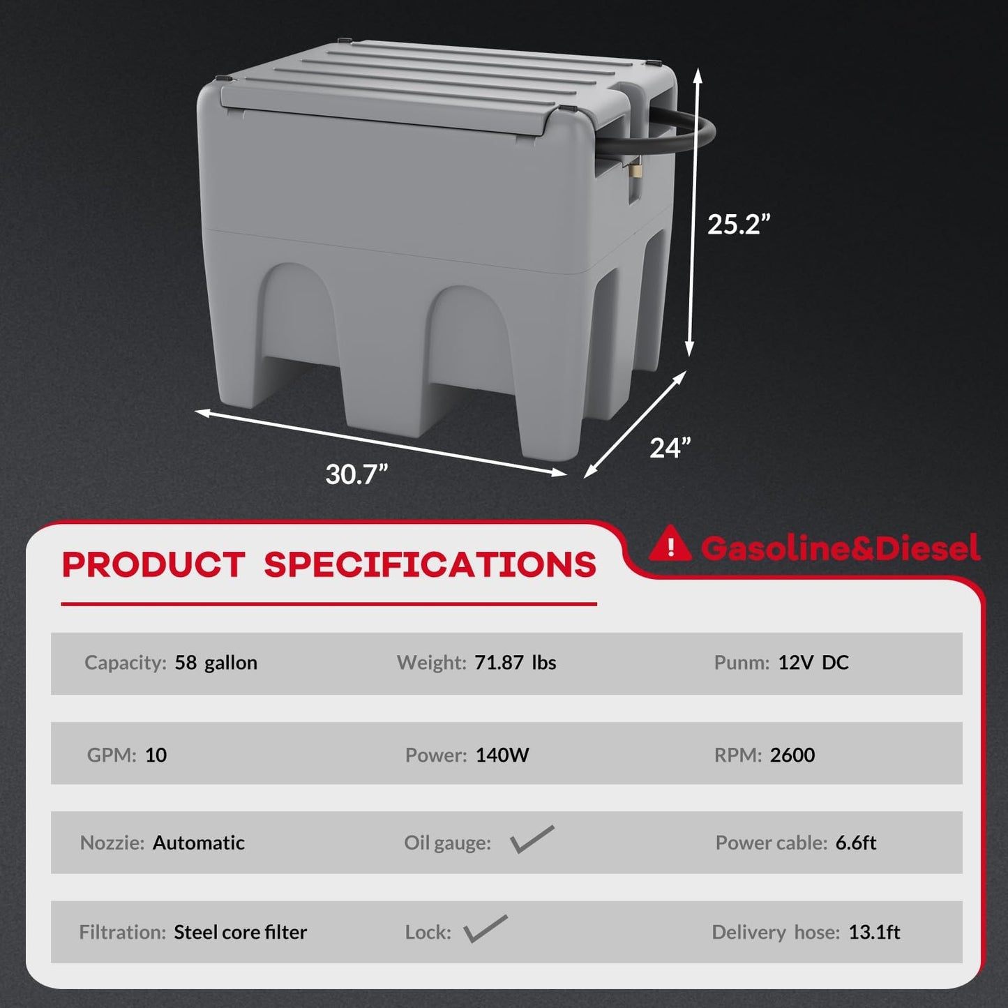 48 Gallon Portable Diesel & Gasoline Transfer Tank w/ 12V DC Pump, 10GPM Flow, 13Ft Hose, Auto Shut-off Nozzle for Tractors, Trucks, Generators, Boats Gray