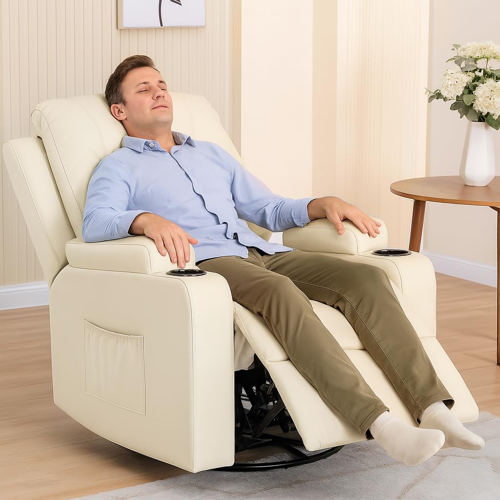 COMHOMA Recliner Chair,PU Rocking Chair for Adults,Swivel Recliner with Cup Holders,Single Sofa Seat with Side Pockets for Living Room,Bedroom(White)