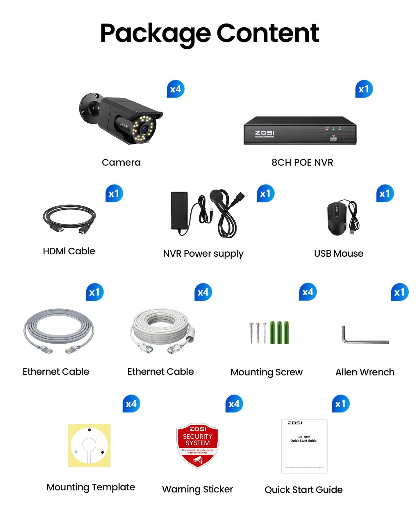 ZOSI 4K PoE Security Camera System, H.265+ 8CH NVR with 2TB HDD (16CH Expandable), 4 x 8MP Wired IP PoE Cameras Outdoor Indoor, Human/Face/Vehicle Detect, One-Way Audio, Color Night Vision, Spotlight