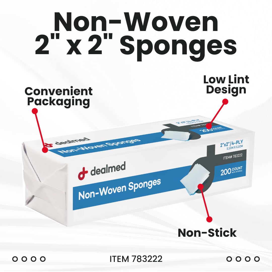 Dealmed 2" x 2" Non-Woven Gauze Sponges - 4-Ply All-Purpose Non-Sterile Pads, Absorbent Dental Gauze Wound Care Product for First Aid Kit/Medical Facilities, 200 Count (Pack of 2)