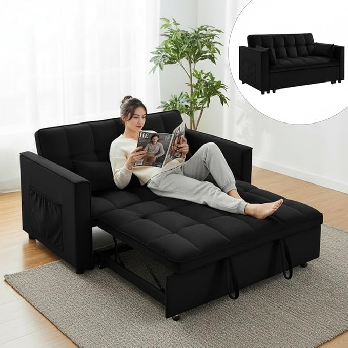 OjvZxqtbrnl Convertible Sofa Bed,3 in 1 Pull Out Couch Adjustable Backrest, Modern Velvet Upholstery Sleeper Sofa Bed, Loveseat Couch for Living Room, Bedroom & Apartments (Black)