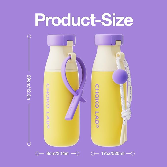 CHAKO LAB Insulated Ceramic liner Water Bottle with Two Strap | BPA-Free Leak Proof | 17oz Bottle with Spout Lid & Straw | pineapple