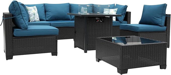 3D MATRIX 8 Pieces Patio Furniture Set with 28" Fire Pit Table, Wicker Outdoor Sectional Couch, Rattan Conversation Set for Backyard, Deck, Garden Lawn, Coffee/Peacock Blue