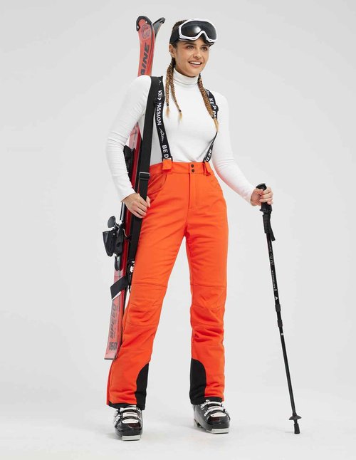 fit space Women's Insulated Warm Ski Snow Pants Waterproof 15,000mm Removable Suspenders Winter Hiking Snowboard Fleece Lined (XX-Large,Dark Orange)