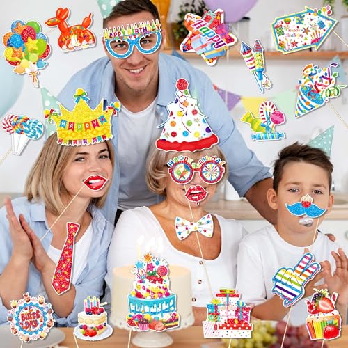 25Pcs Funny Birthday Photo Booth Props with Stick, Theme Selfie Props, Party Supplies, Photography Backdrop Decorations