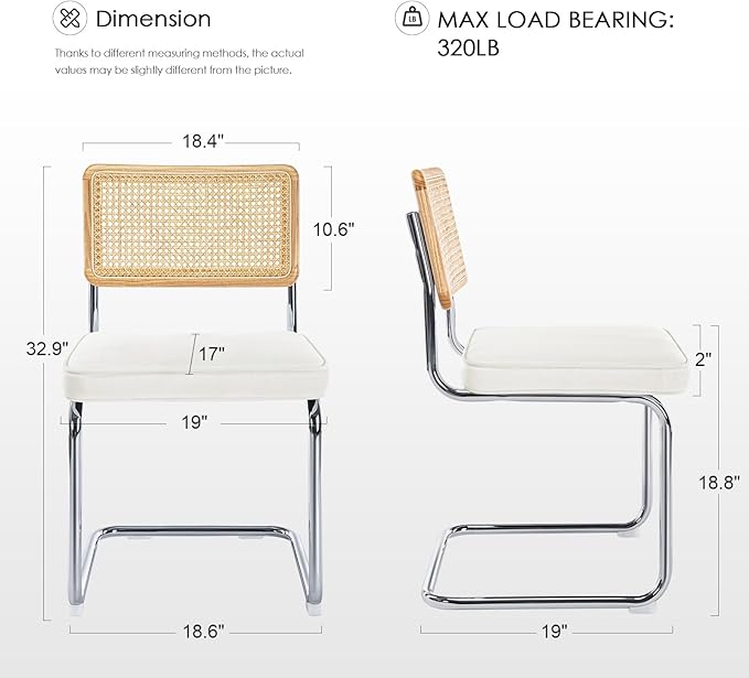 Zesthouse Natural Rattan Dining Chairs Set of 4, Modern Dining Room Chairs with Solid Wood Back for Kitchen Living Room, Mid Century Breuer Design Inspired, Upholstered Velvet Fabric, White