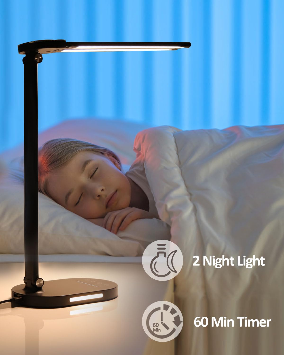 LED Desk Lamps for Home Office, 14W Double Swing Arm LED Desk Lamp with USB Charging Port, Eye-Caring Architect Task Lamp, Desktop Lamp with Night Light Table Light for Work Study Craft with Adapter