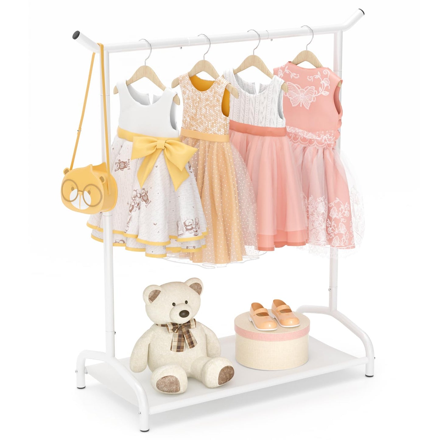 EAGMAK Kids Clothing Rack, Baby Clothes Rack with Bottom Storage Shelf, Kids Dress Up Rack for Little Girls, Metal Coat Rack Toddler Closet Organizer, Costume Garment Rack for Hanging Clothes (White)