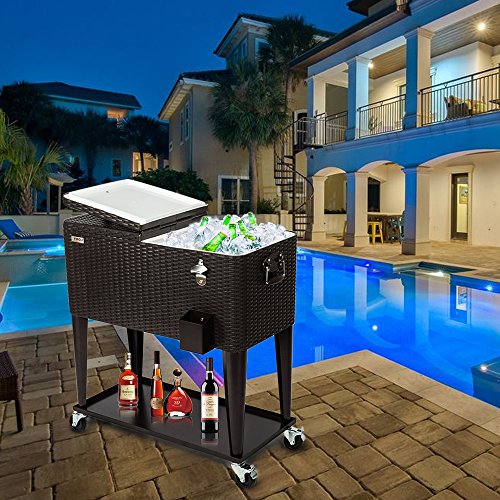 VINGLI 80 Quart Rolling Ice Chest on Wheels, Portable Patio Party Bar Drink Cooler Cart, Wicker PP Rattan with Shelf, Beve...