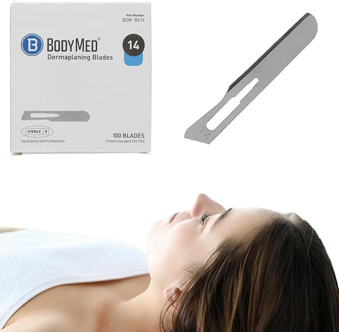 BodyMed Dermaplaning Blades #14 in Stainless Steel, 100 PCS - Disposable, Individually wrapped, Sterile Scalpel Blades for Estheticians, Facial Exfoliation, Hair Removal, Skin Care, Surgical &