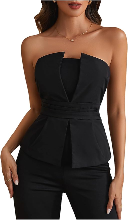 winkbay Women's Ruched Strapless Tube Top Elegant Asymmetrical Fitted Party Tops