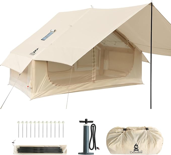 4 Person Inflatable Tent with Stove Jack & Canopy, 4 Season Glamping Air Tent with Panoramic Skylight, AC & Power Port, Wa...