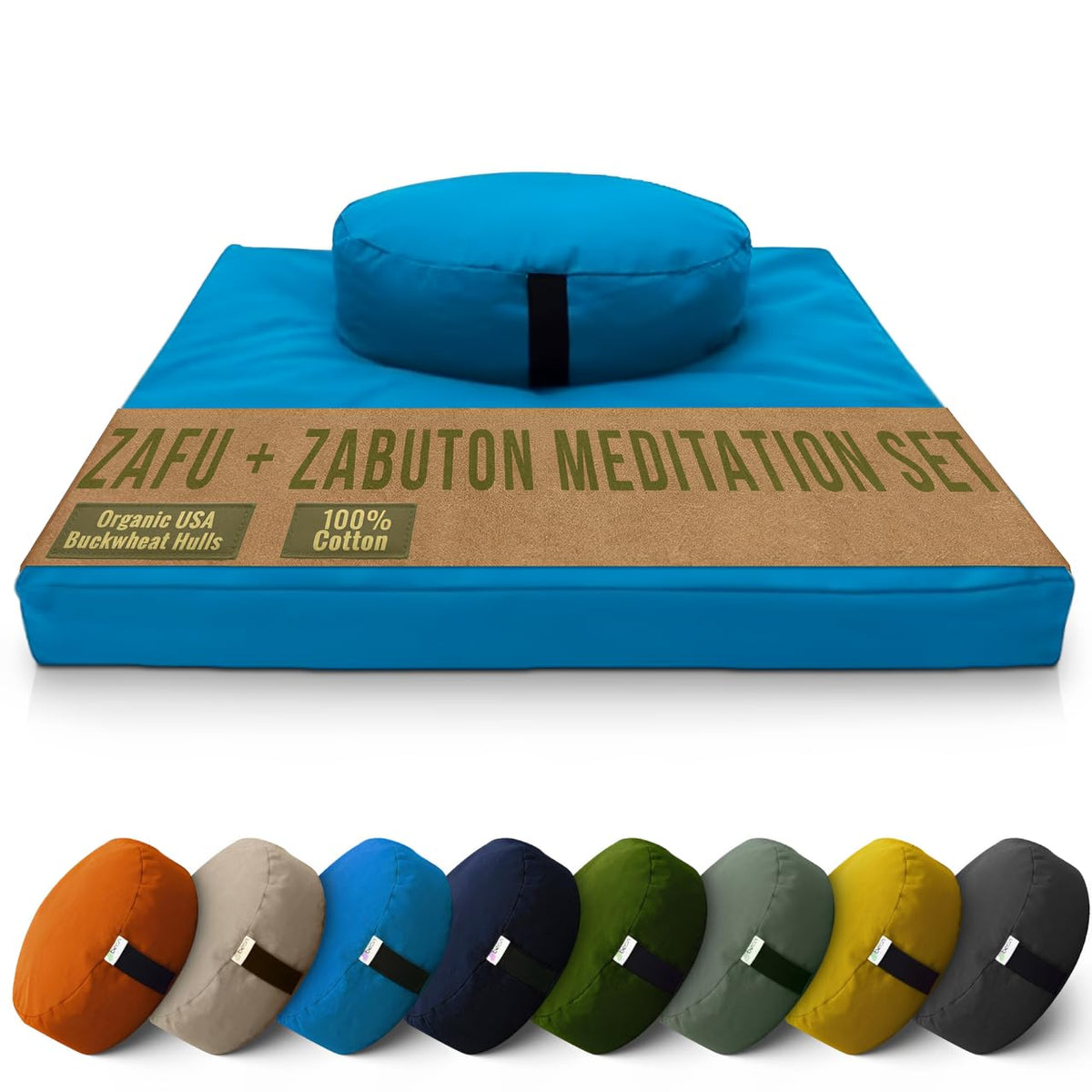 Meditation Cushion Mat Set - Large Oval Zafu Floor Pillow Organic Buckwheat Pillow + Cotton Filled Zabuton Prayer Pad - Meditation Pillow Yoga Knee Pad - Made in USA - 18" Oval, AQUA Cotton