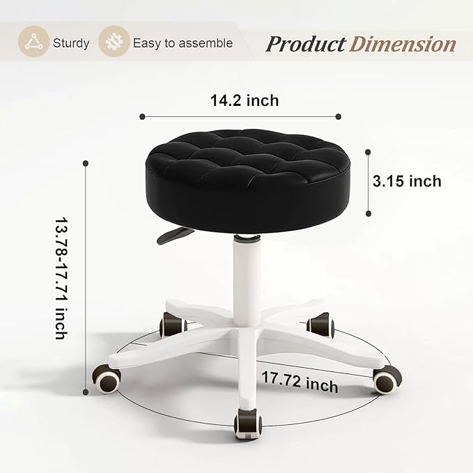 JPBSTO Small Rolling Stool with Wheels, PU Leather Height Adjustable Vanity Work Task Stool, 360 Swivel, Padded Seat Cushion,for Salon, Home, Office