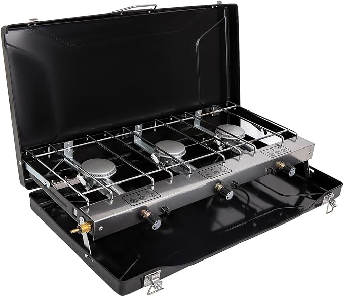 FineFlame 3-Burner Propane Camping Stove 19800 BTUs, Portable Camp Stove with 3 Adjustable Burners and Push-Button Instant...