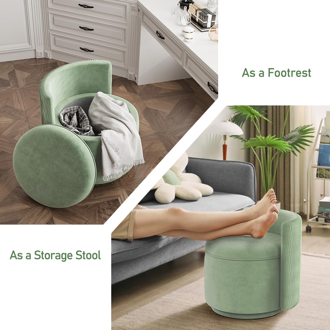 allamazing 360° Swivel Accent Chair with Storage, Vanity Stool with Back, Velvet Storage Ottoman, Upholstered Round Barrel Vanity Chair for Living Room, Makeup Room, Bedroom (Green)