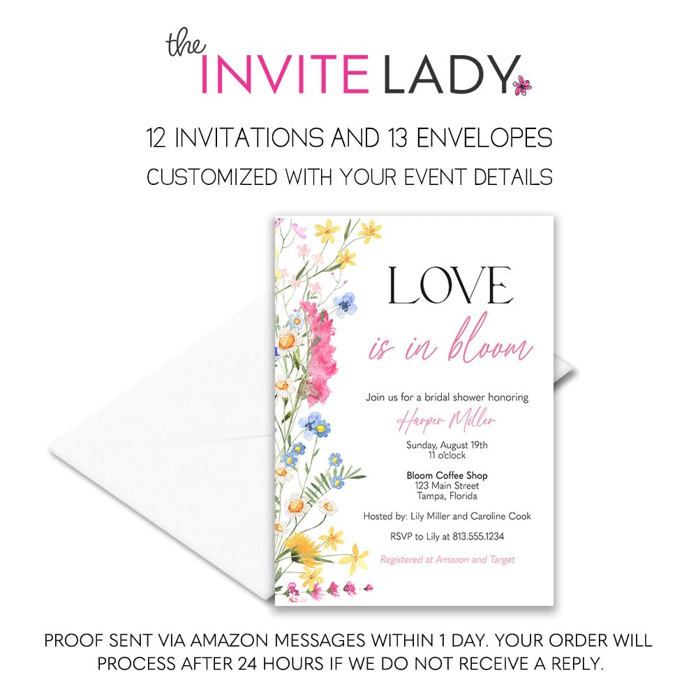 Love Is In Bloom Bridal Shower Invitations With Envelopes Customizable Personalized Invites (12 count)