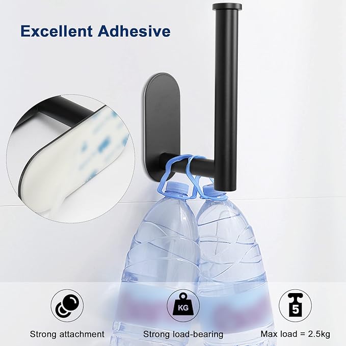 NearMoon Toilet Paper Holder Self Adhesive, Premium Thicken SUS304 Stainless Steel Rustproof Adhesive Toilet Roll Holder no Drilling for Bathroom, Kitchen, Washroom (1 Pack, Matte Black)