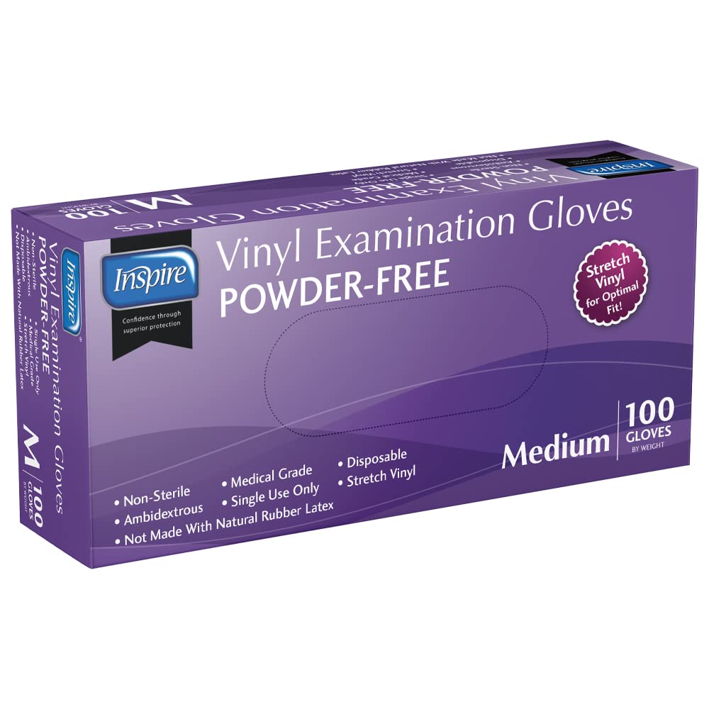 Inspire Exam Grade Powder & Latex Free Stretch Vinyl Gloves, Medium, 100 Count, White