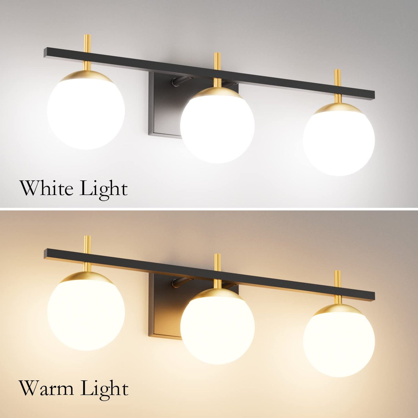Ralbay Mid Century Modern Vanity Lights 3-Light Milky Glass Over Mirror, Black/Golden Wall Light Fixture for Bathroom (Exclude Bulb)