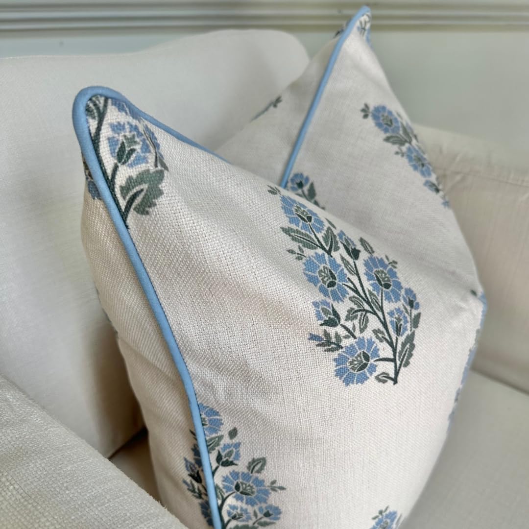 Jillien Harbor “The Camille” Floral Block Print Pillow Cover – Soft Blue and Off-White Decorative Throw Pillow Cover – Grandmillennial Home Decor, 20" x 20"
