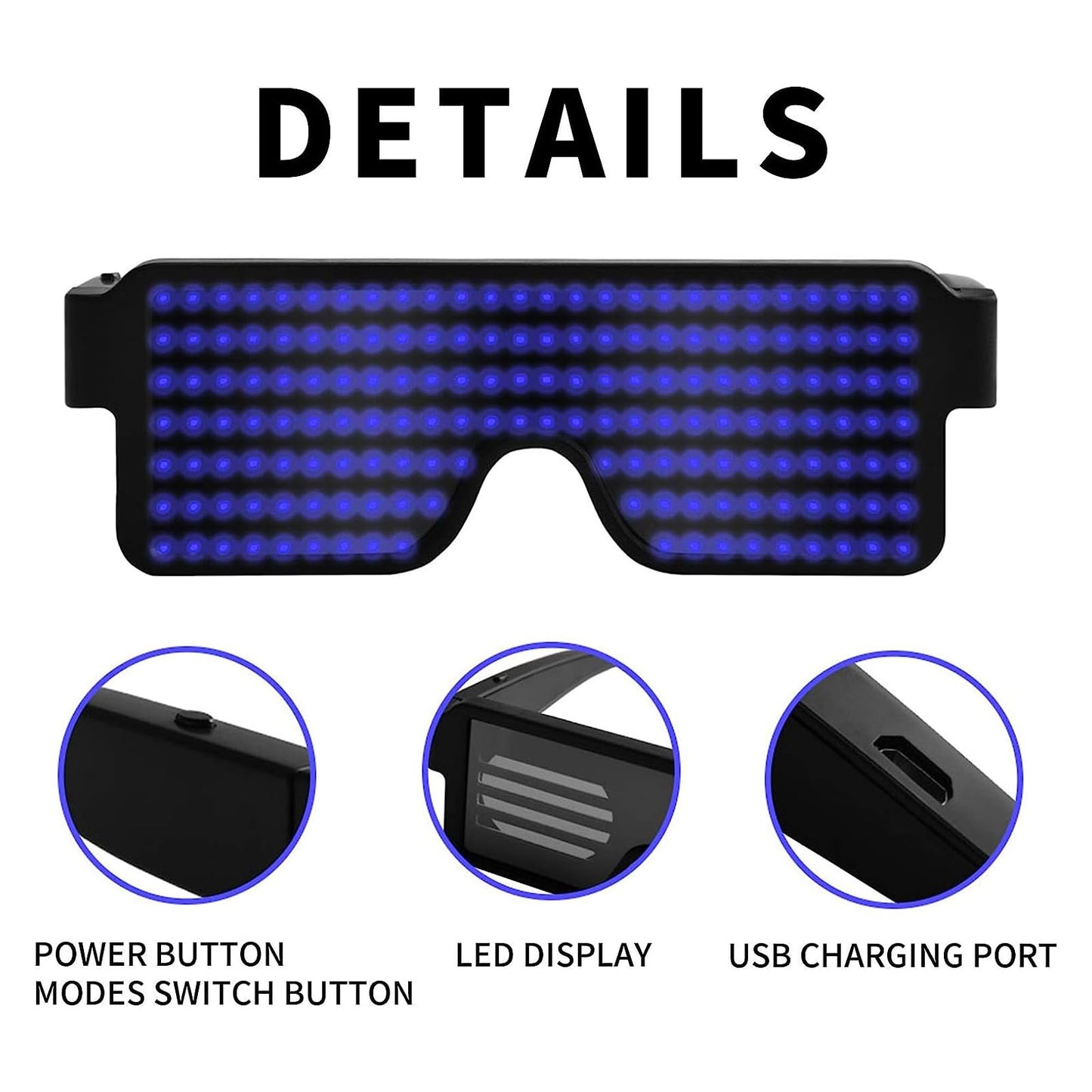 Suruid Upgrade Dynamic LED Glowing Glasses USB Rechargeable LED Light Up Glasses with Flashing Neon, 11 Patterns LED Luminous Eyeglasses for Parties, Nightclub, Halloween, Concerts-Blue