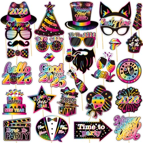 30 Pcs Happy New Year Photo Booth Props, 2026 Glitter Selfie Photo Booth Props Set for New Year Party Decor