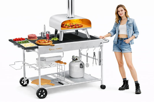 GRILL FORCE Pizza Oven Table with Topping Station, Outdoor Pizza Oven Cart, Grill Table for Outside, Grill Cart, Food Prep Work cart Fits for Ninja Woodfire Grill, Blackstone Griddle,Tabletop Grill