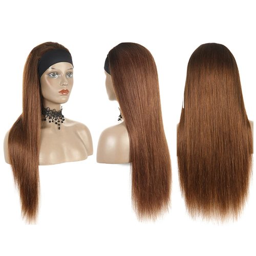 Ombre 1B30 Straight Headband Wig Brown Human Hair Wig Dark Root 130% Density Brazilian Virgin Hair Machine Made Wigs for Women Dark Brown Color 22 Inch