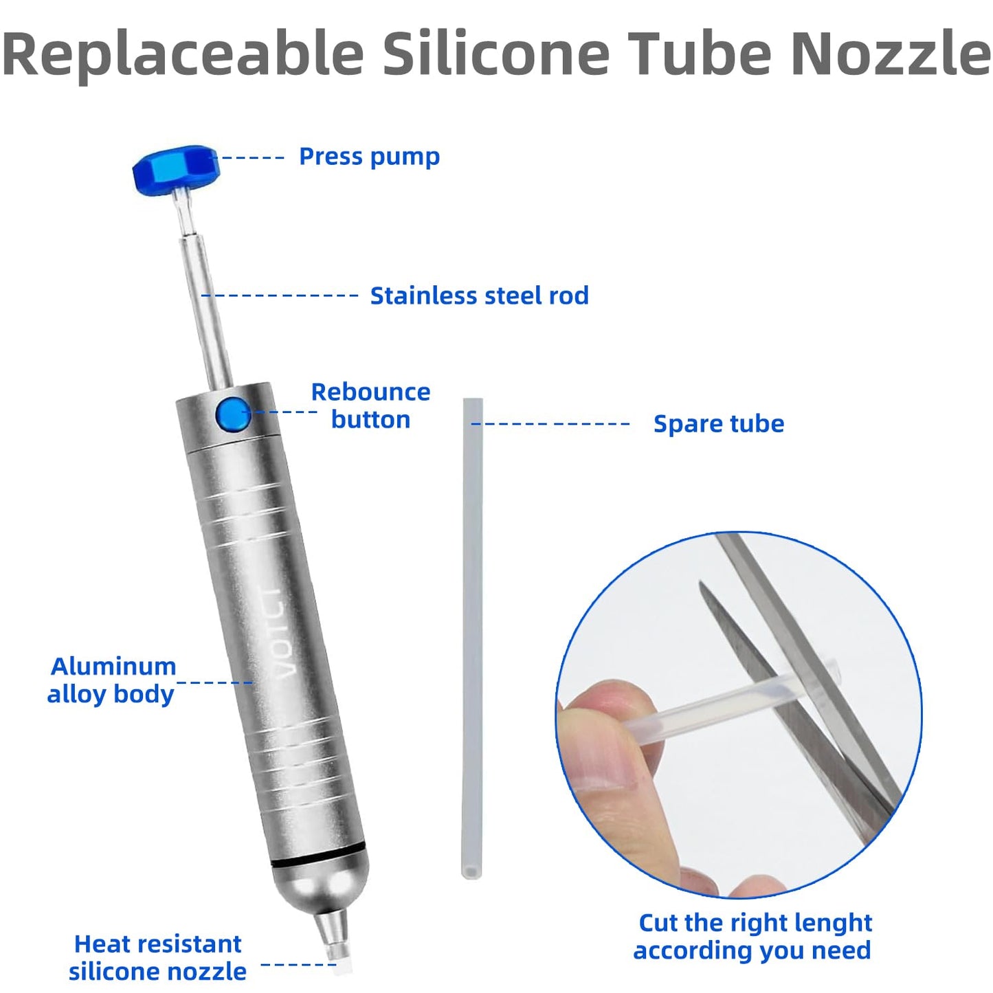 VOTCT Solder Sucker No Clog Desoldering Pump for Solder Removing with Replaceable Heat Resistan Silicone Sucking Nozzle, Desoldering Tool Sodering Pump Strong Vacuum Aluminum Suction Remover