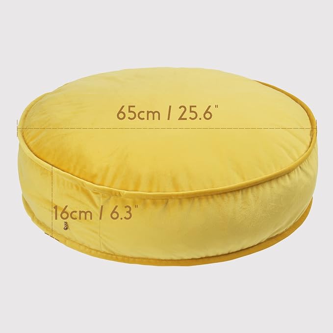 YIUOR Velvet Floor Pillows Round Chair Cushion Couch Throw Pillow Soft Pouf Seat Mattress Bean Bag for Reading Nook Play Room (25.6IN, Yellow)
