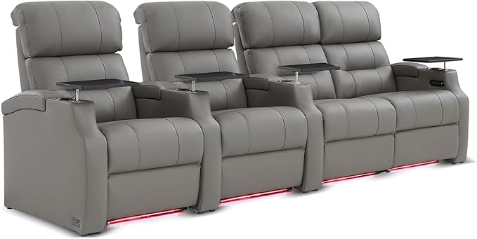 Weilianda Home Theater Seating, Top Grain Leather Sectional Seats Recliner Chair, Zero Gravity Reclining Sofa with Power Headrest 7 Colors Ambient Lighting USB C Charge Row of 4 Loveseat Right Grey