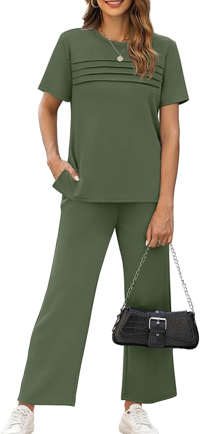 WIHOLL Two Piece Sets for Women Summer Travel Vacation Outfits Short Sleeve Lounge Sets Side Slit Wide Leg Pants S-3XL