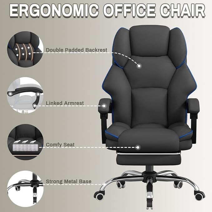 XUEGW Office Chair Executive Desk Chair with Foot Rest, High Back Computer Chair Ergonomic Leather Office Chairs with Wheels