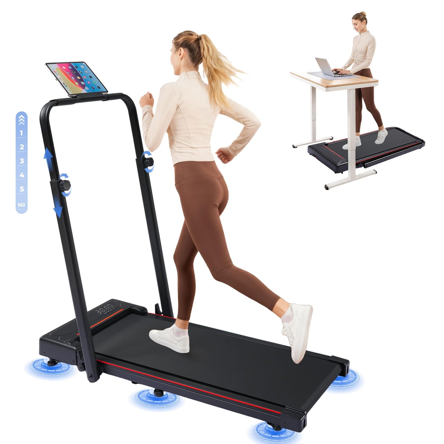 GTPLAYER Walking Pad Treadmill with Adjustable Height Handle Bar, 3HP Quiet Foldable Under Desk Treadmill, Portable Treadmills for Home 350LBS with Remote Control LED Display, Red