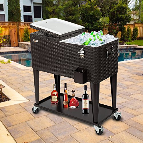 VINGLI 80 Quart Rolling Ice Chest, Portable Patio Party Bar Drink Cooler Cart, with Shelf, Beverage Pool with Bottle Opene...